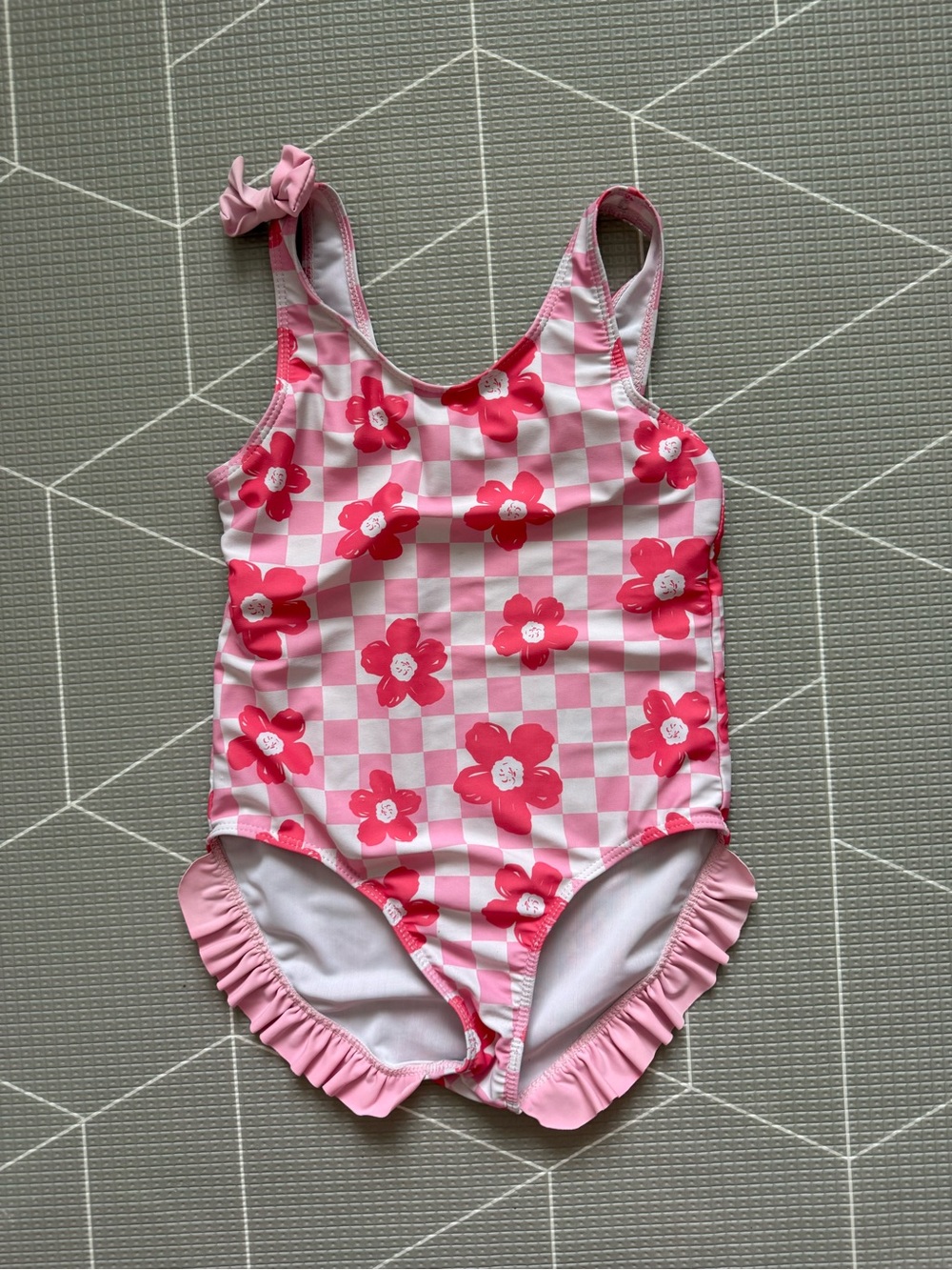 Small shop|Big girl swimsuit,Pink Floral Checkerboard One-Piece Swimsuit,boho•7 - Picture 6 of 7
